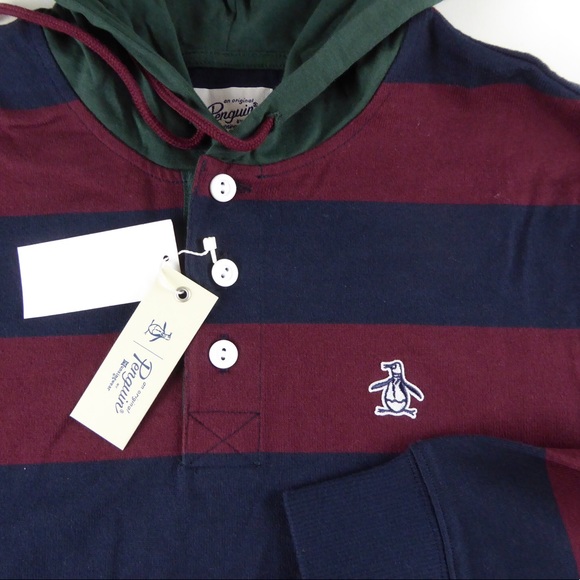 Penguin Striped Henley Hoodie Varsity Collegiate - Picture 5 of 8